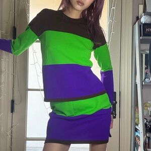 Issey Miyake 2-piece Green/Purple/Brown Long Sleeve Sweater Top/Skirt Set